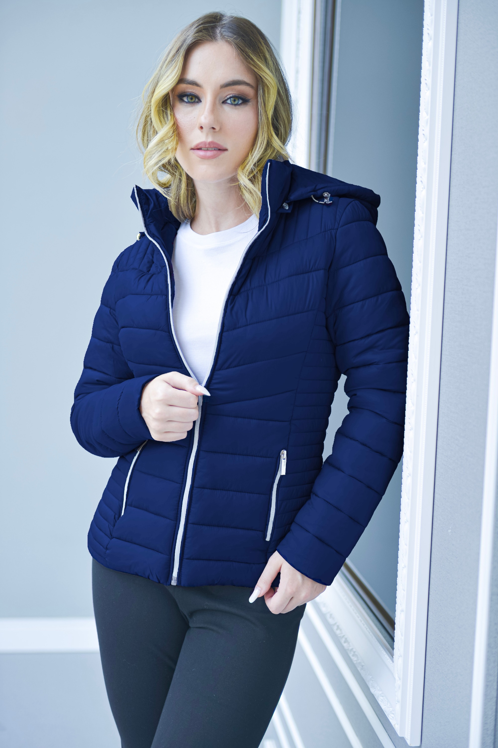 Outerwear Casaco De Nylon Acolchoado Feminino Casaco Marinho Com