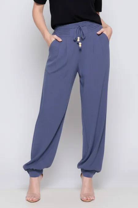 Calça Jogger Viscolinho com Amarração e Cós Elástico Azul