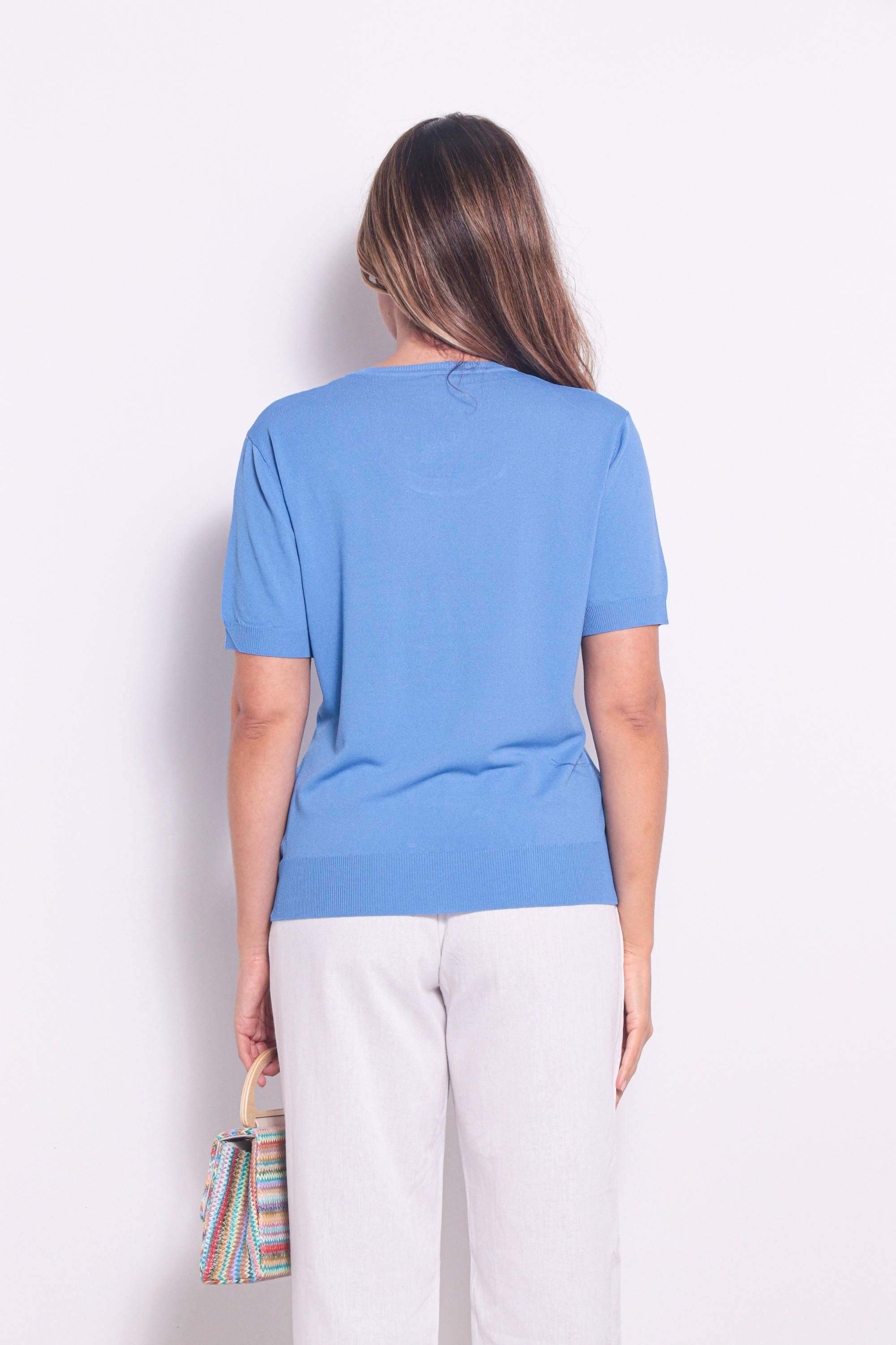 Blusa Feminina de Tricô Azul Anil Manga Curta Decote U